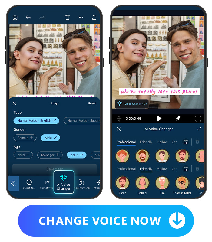PowerDirector's voice changer filter at left that shows settings of languages, gender and age. voice change voice persona at right.